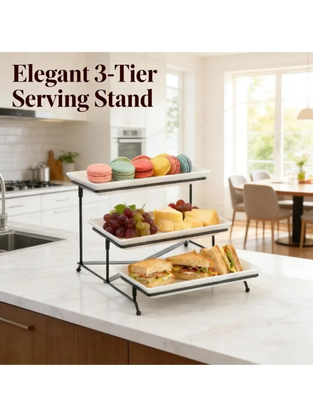 3-Tier White Plastic Serving Tray with Collapsible Metal Stand - Perfect for
